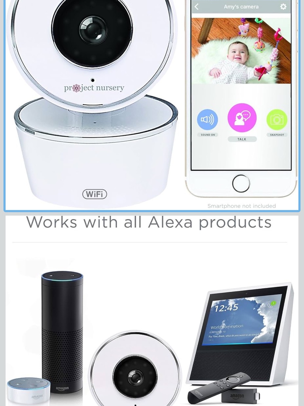 Project Nursery White Wi‑Fi Baby Monitor Camera with Alexa Compatibility